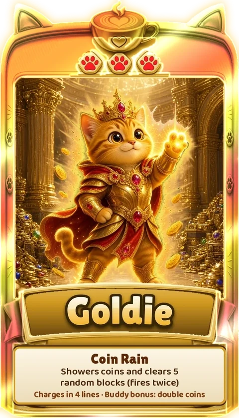 Goldie, a crowned cat whose perk is Coin Rain