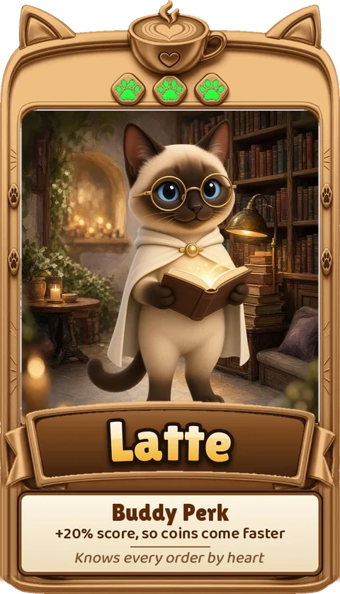 Latte, a cat whose buddy perk boosts score