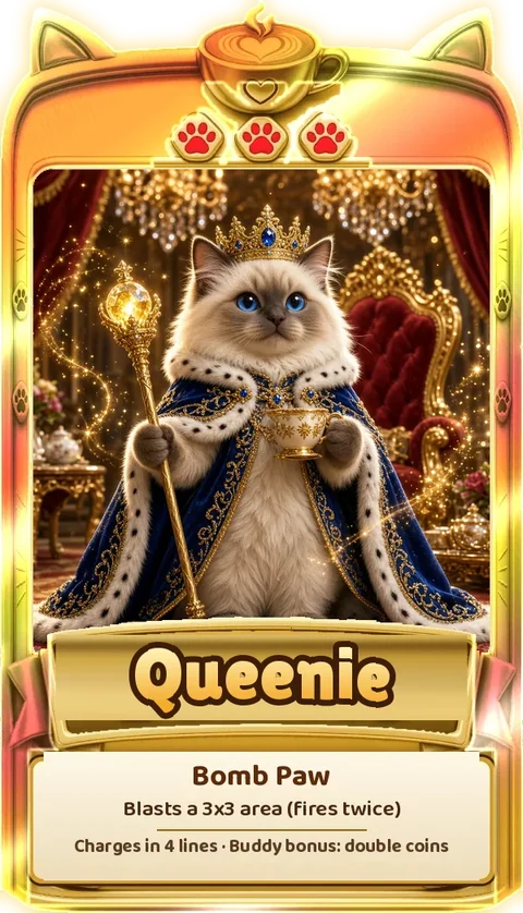 Queenie, a legendary gold-foil cat card