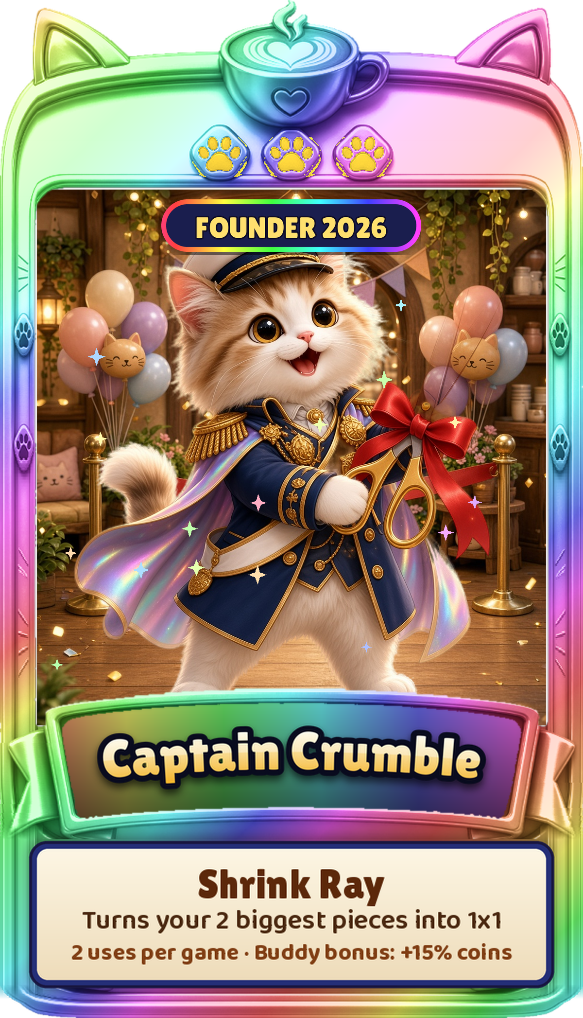 Captain Crumble, the Founder 2026 cat, in an admiral coat with a rainbow cape