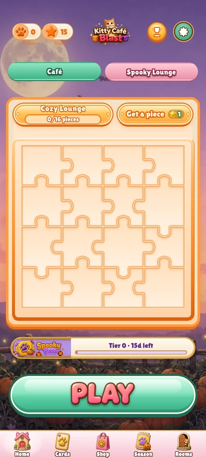Home screen with the café lounge and a play button