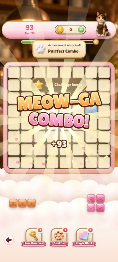 A MEOW-GA COMBO clearing the puzzle board